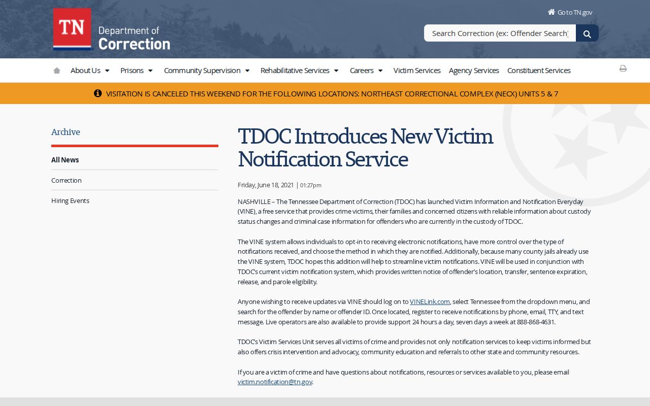 TDOC VINE coverage for a Williamson County inmate check