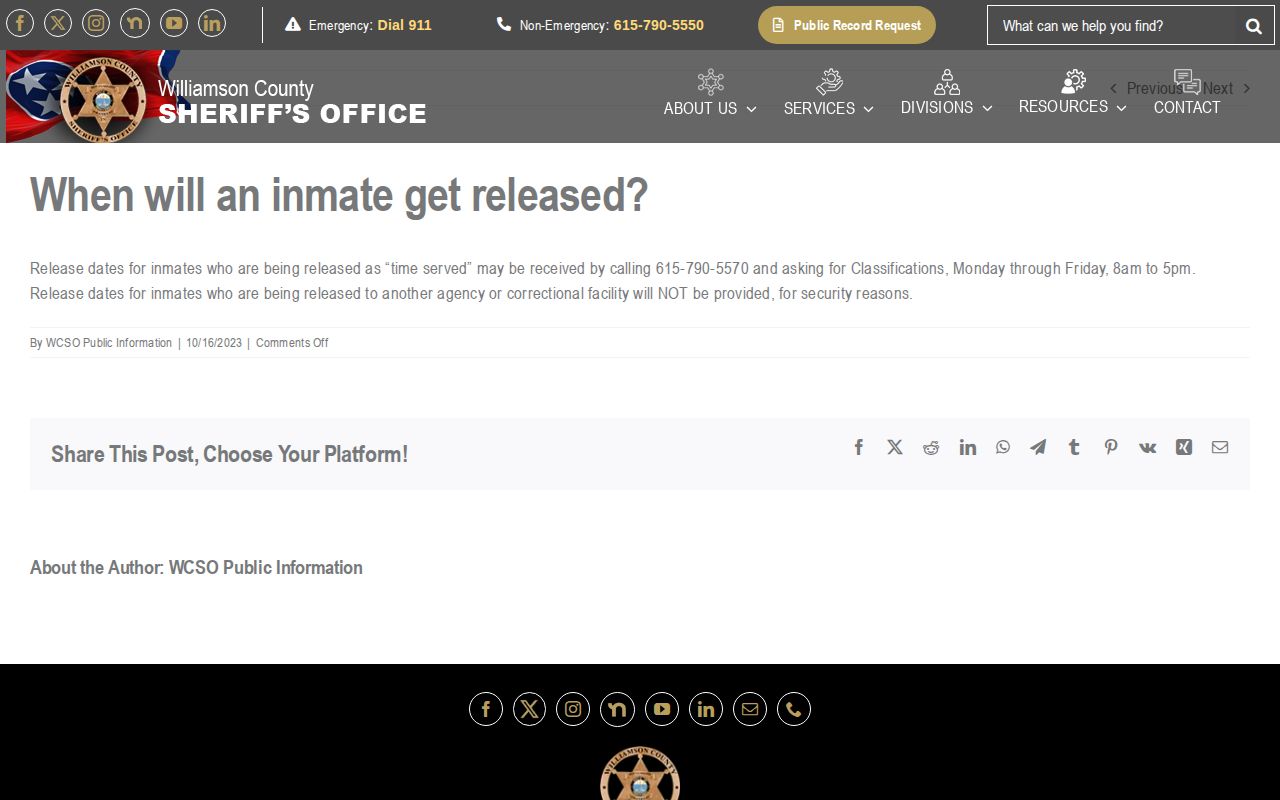 Williamson County time-served release date instructions
